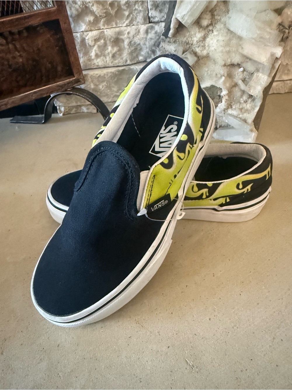 Vans Kids Slip-On Sneakers in Black with Yellow/Green Accent